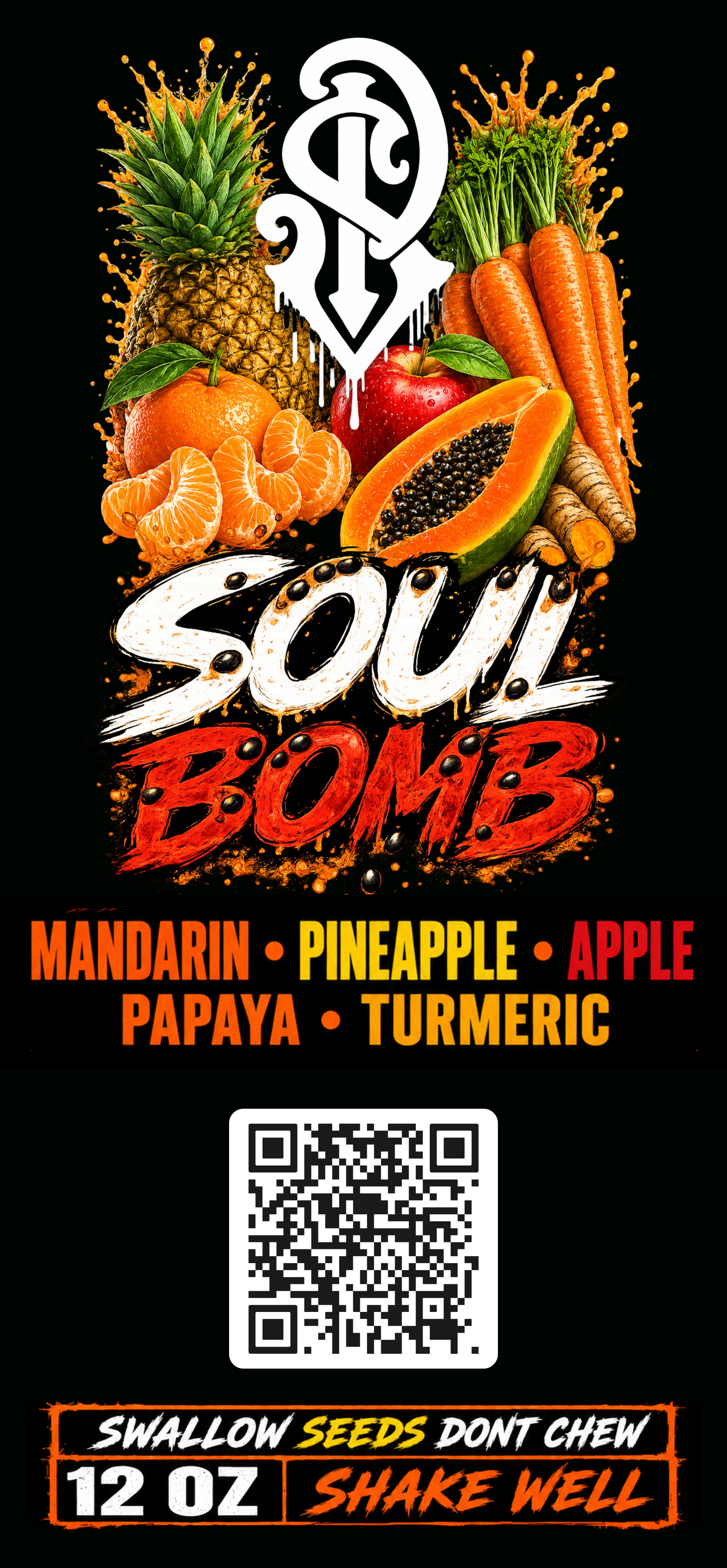 SP Juices "Soul Bomb" label artwork on black, with mandarin, pineapple, apple, papaya, and turmeric illustrations around the SP monogram, a white-and-red "SOUL BOMB" logotype, ingredient list, QR code, and 12 OZ / SHAKE WELL details.