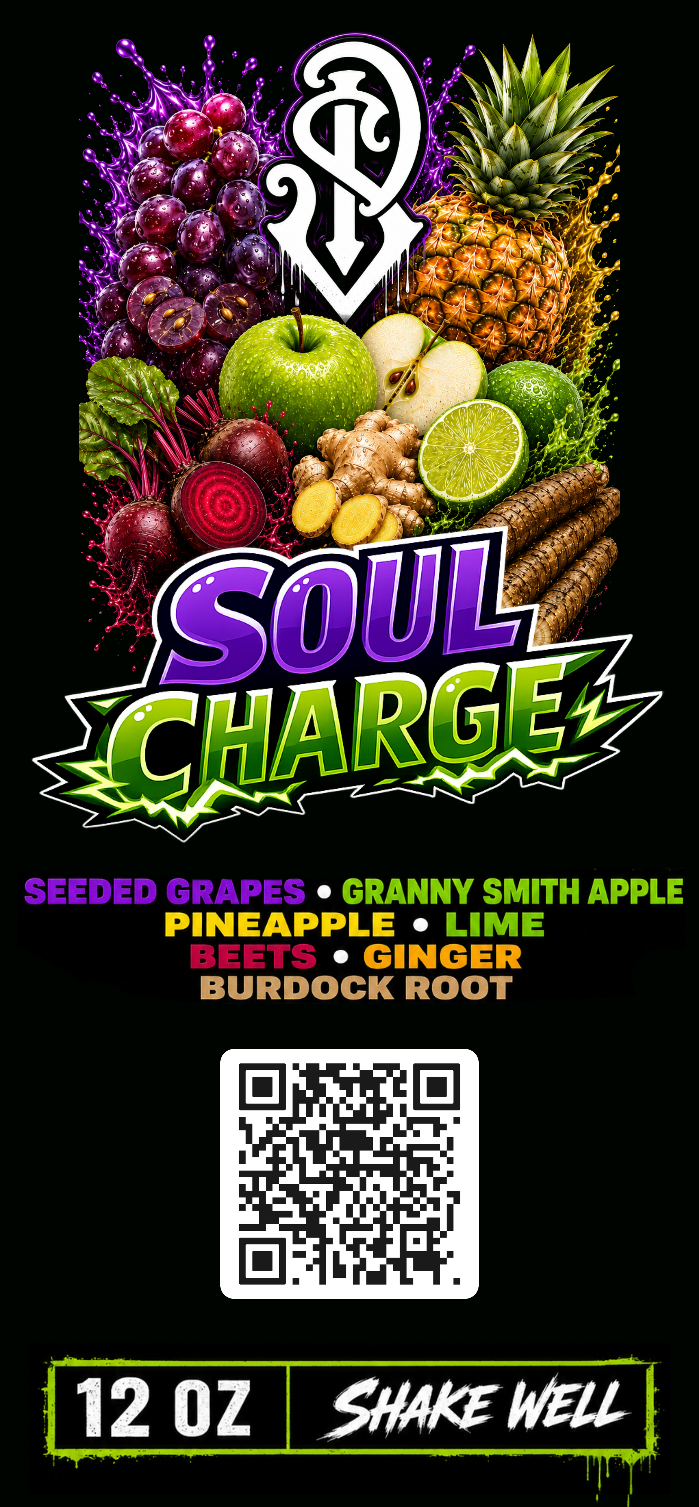SP Juices "Soul Charge" label artwork on black, with seeded grapes, green apple, pineapple, lime, beets, ginger, and burdock root illustrations around the SP monogram, and a purple-and-green "SOUL CHARGE" logotype with ingredient list.