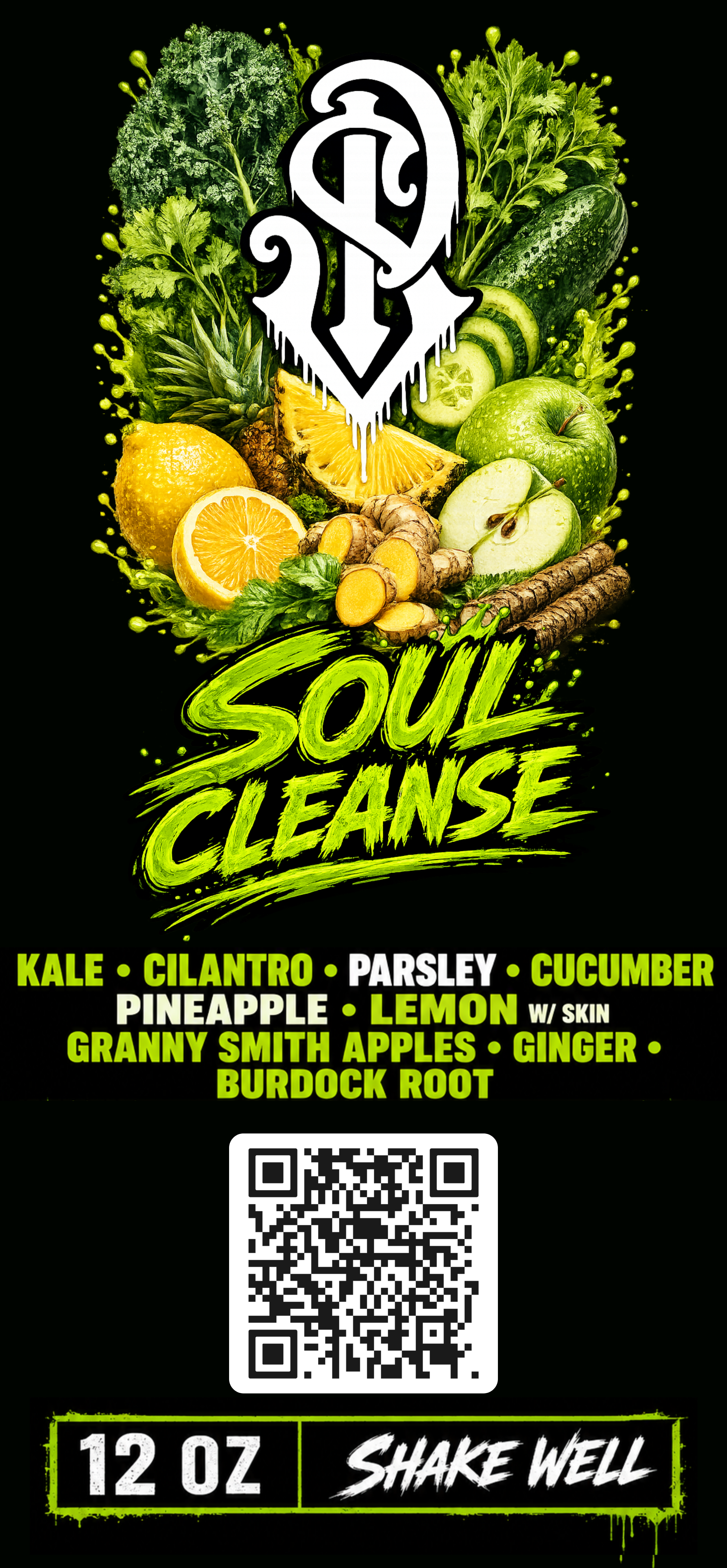 SP Juices "Soul Cleanse" label artwork on black, with kale, cilantro, parsley, cucumber, pineapple, lemon, apple, ginger, and burdock root illustrations around the SP monogram, and a green "SOUL CLEANSE" logotype with ingredient list.