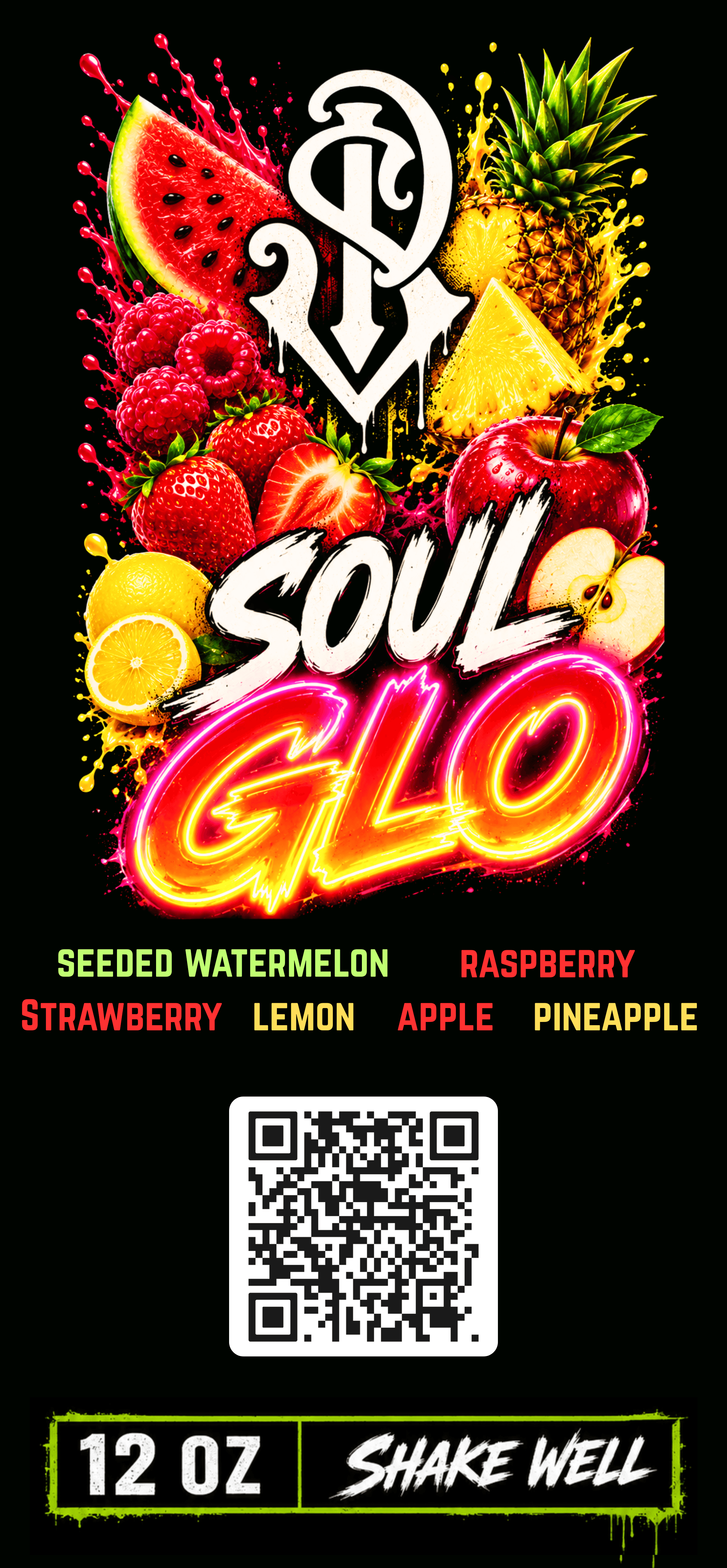 SP Juices "Soul Glo" label artwork on black, with watermelon, raspberry, strawberry, lemon, apple, and pineapple illustrations around the SP monogram, and a neon pink-and-orange "SOUL GLO" logotype with ingredient list.