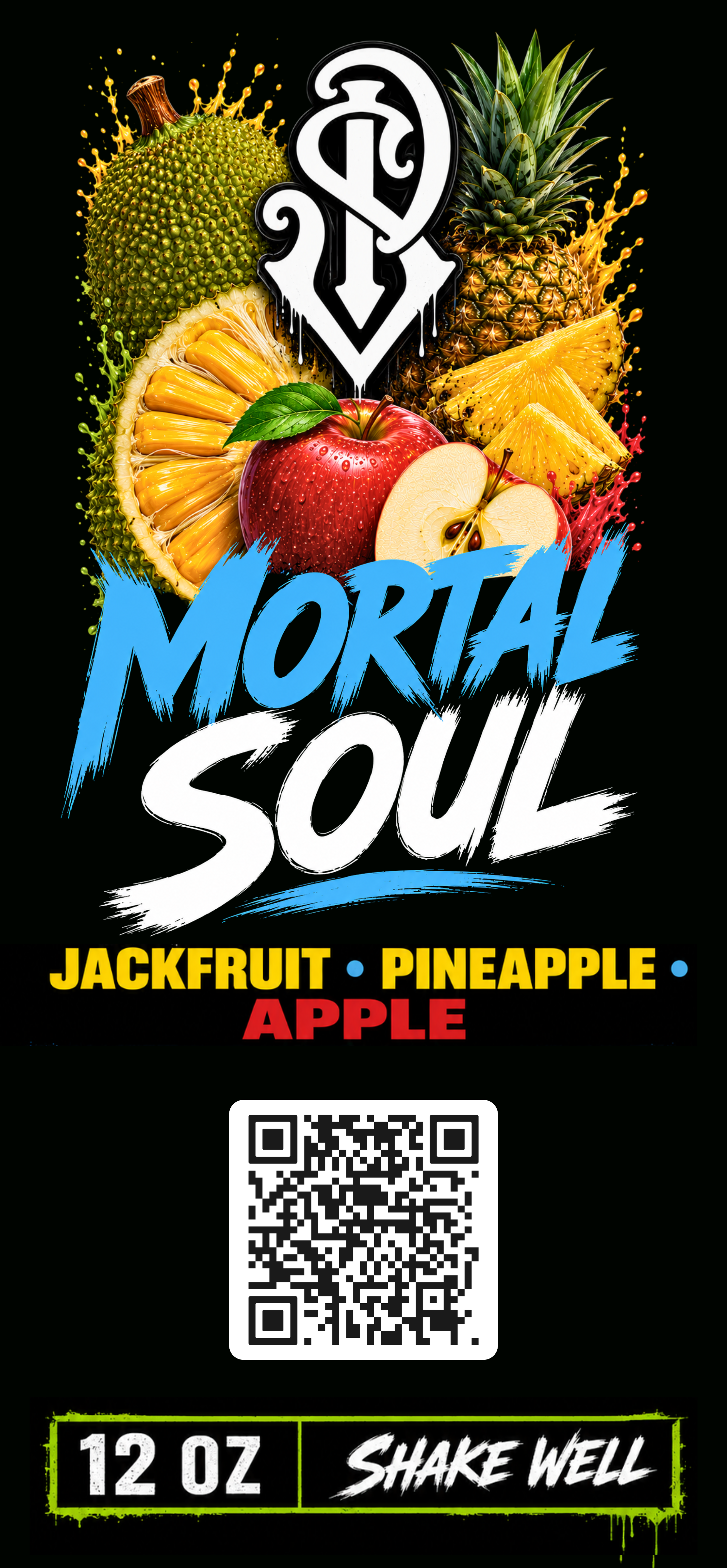 SP Juices "Mortal Soul" label artwork on black, with jackfruit, pineapple, and apple illustrations around the SP monogram, and a blue-and-white "MORTAL SOUL" logotype with ingredient list.