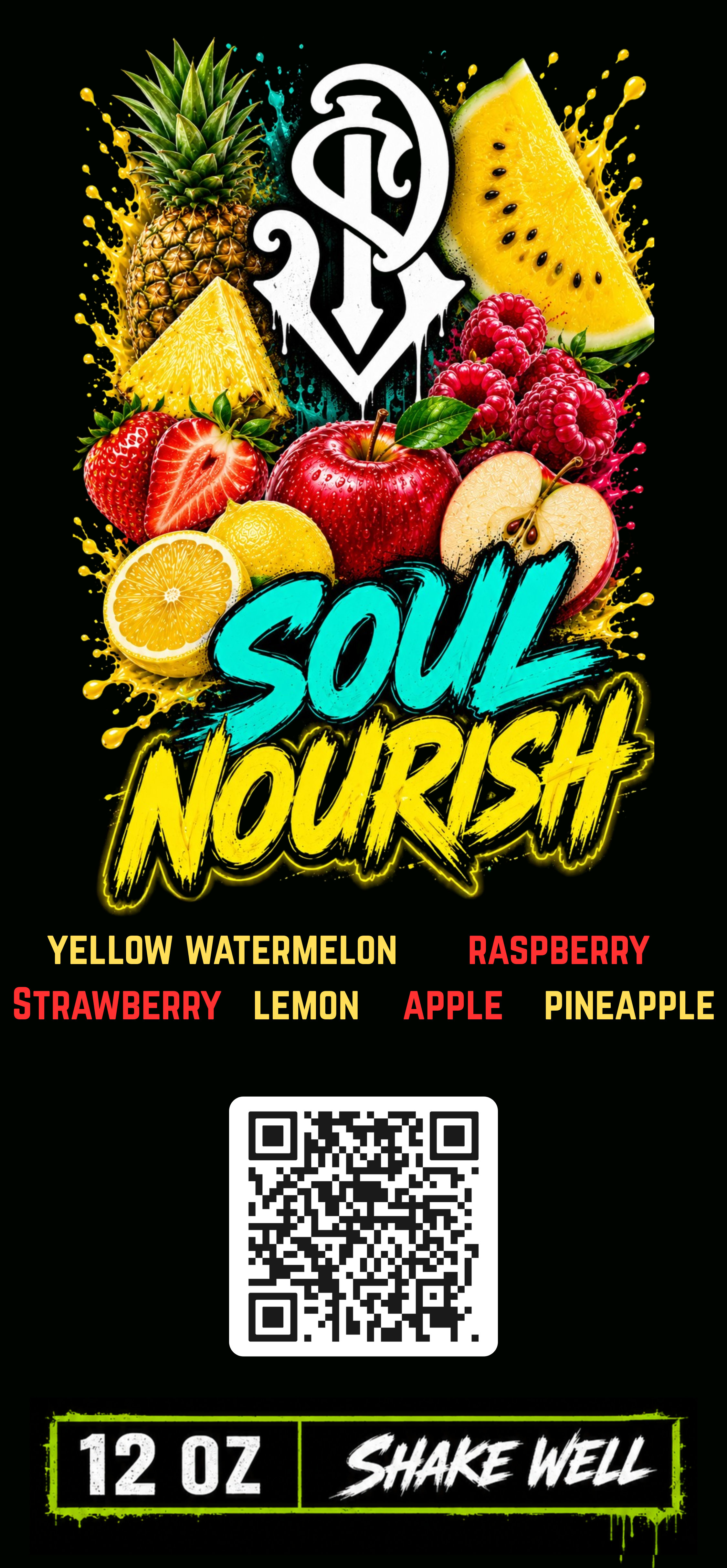 SP Juices "Soul Nourish" label artwork on black, with yellow watermelon, pineapple, strawberry, apple, lemon, and raspberry illustrations around the SP monogram, and a teal-and-yellow "SOUL NOURISH" logotype with ingredient list.