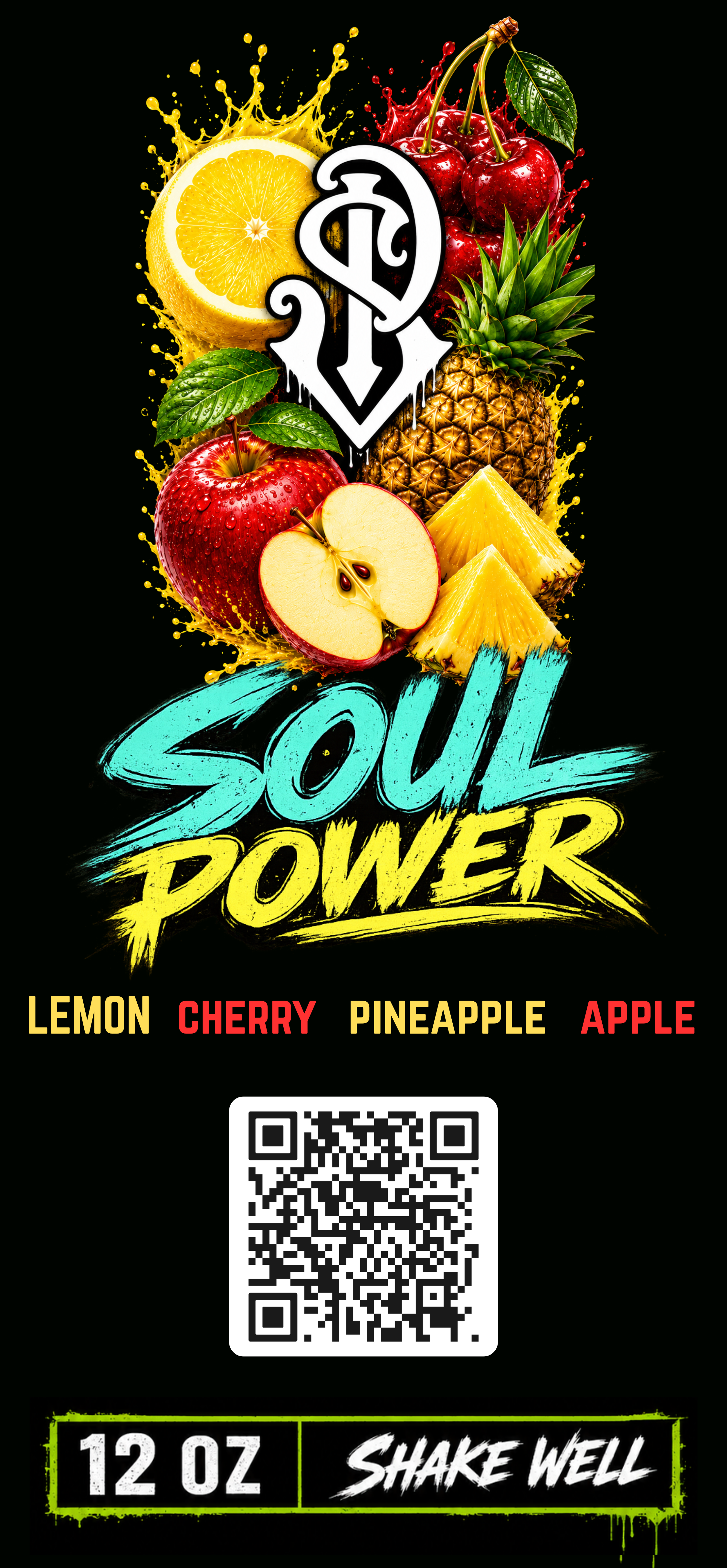SP Juices "Soul Power" label artwork on black, with lemon, cherry, pineapple, and apple illustrations around the SP monogram, and a teal-and-yellow "SOUL POWER" logotype with ingredient list.