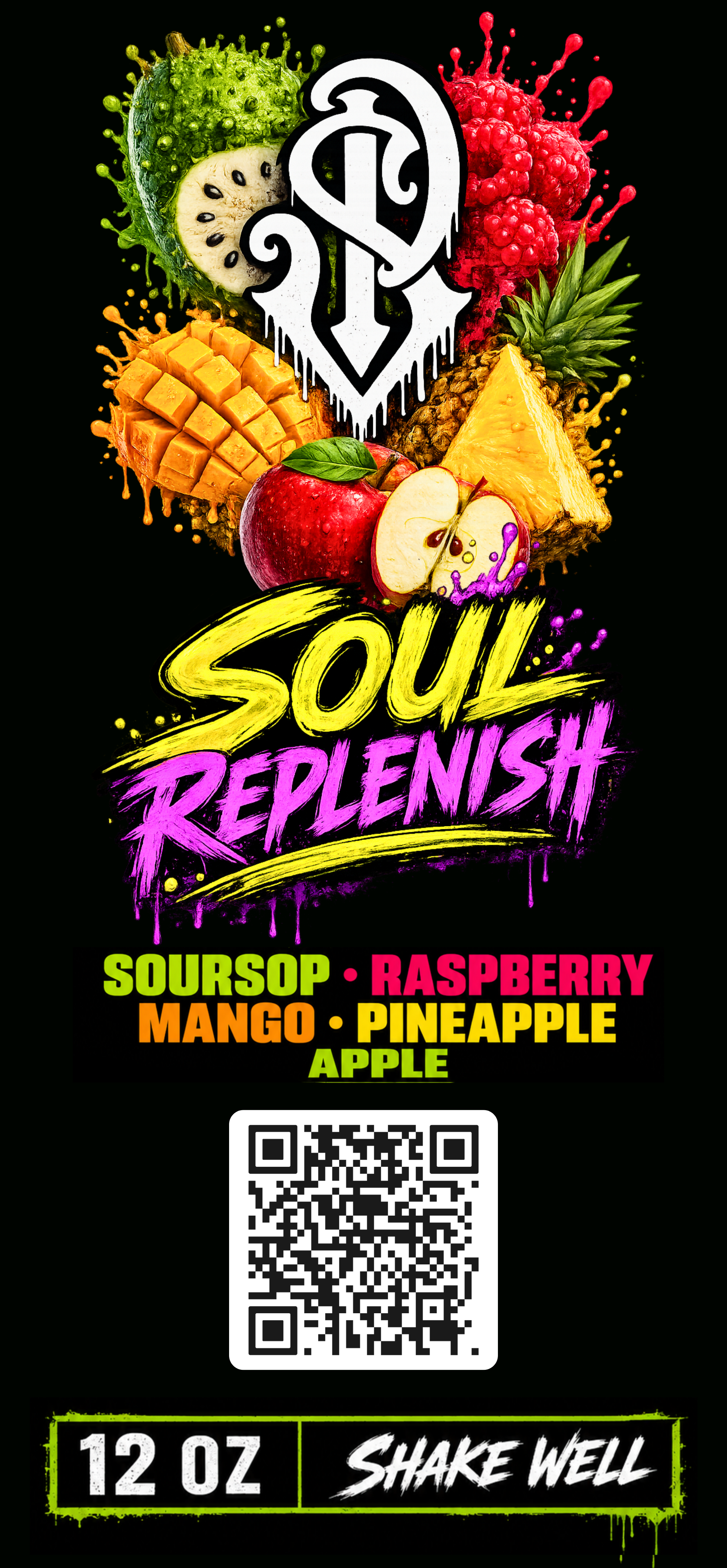 SP Juices "Soul Replenish" label artwork on black, with soursop, raspberry, mango, pineapple, and apple illustrations around the SP monogram, and a yellow-and-magenta "SOUL REPLENISH" logotype with ingredient list.