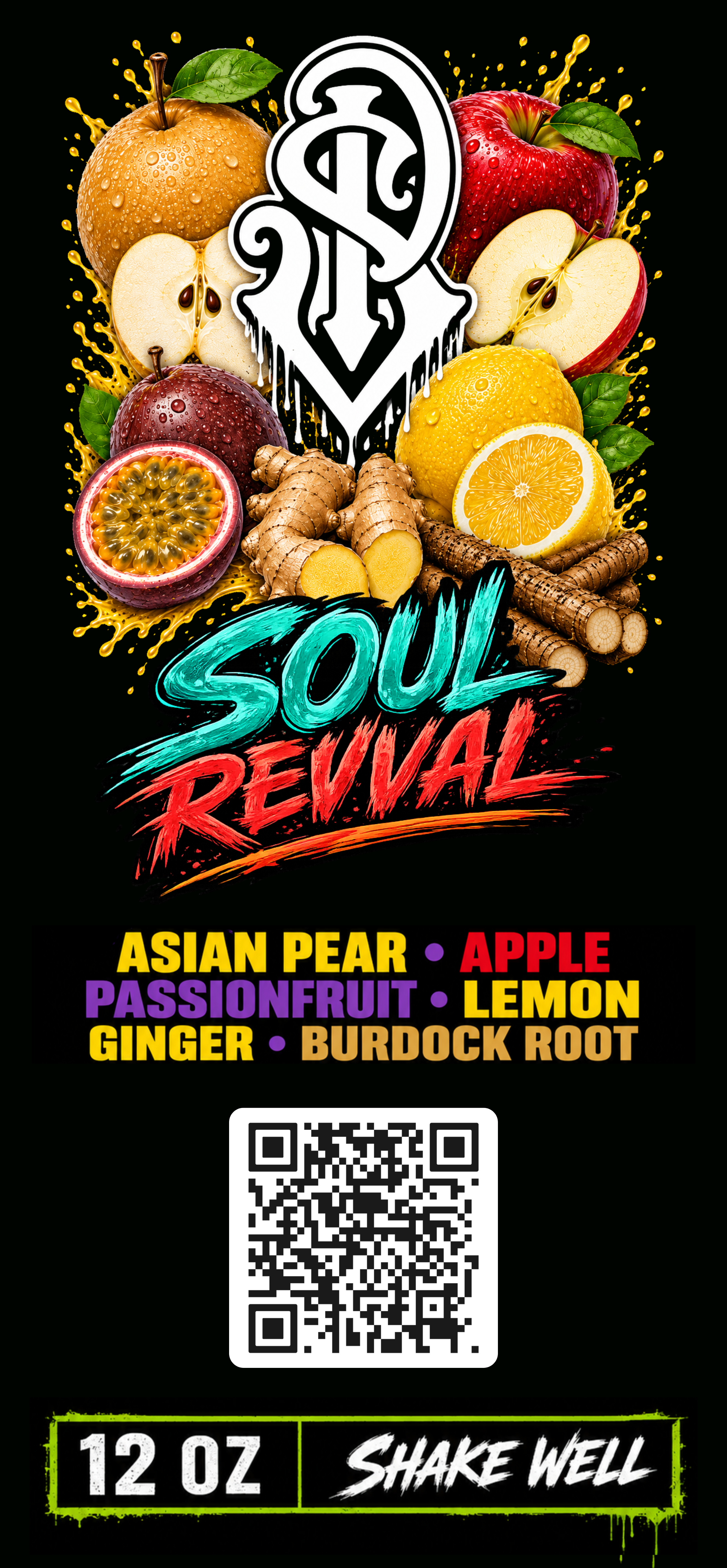 SP Juices "Soul Revival" label artwork on black, with Asian pear, apple, passionfruit, lemon, ginger, and burdock root illustrations around the SP monogram, and a teal-and-red "SOUL REVIVAL" logotype with ingredient list.