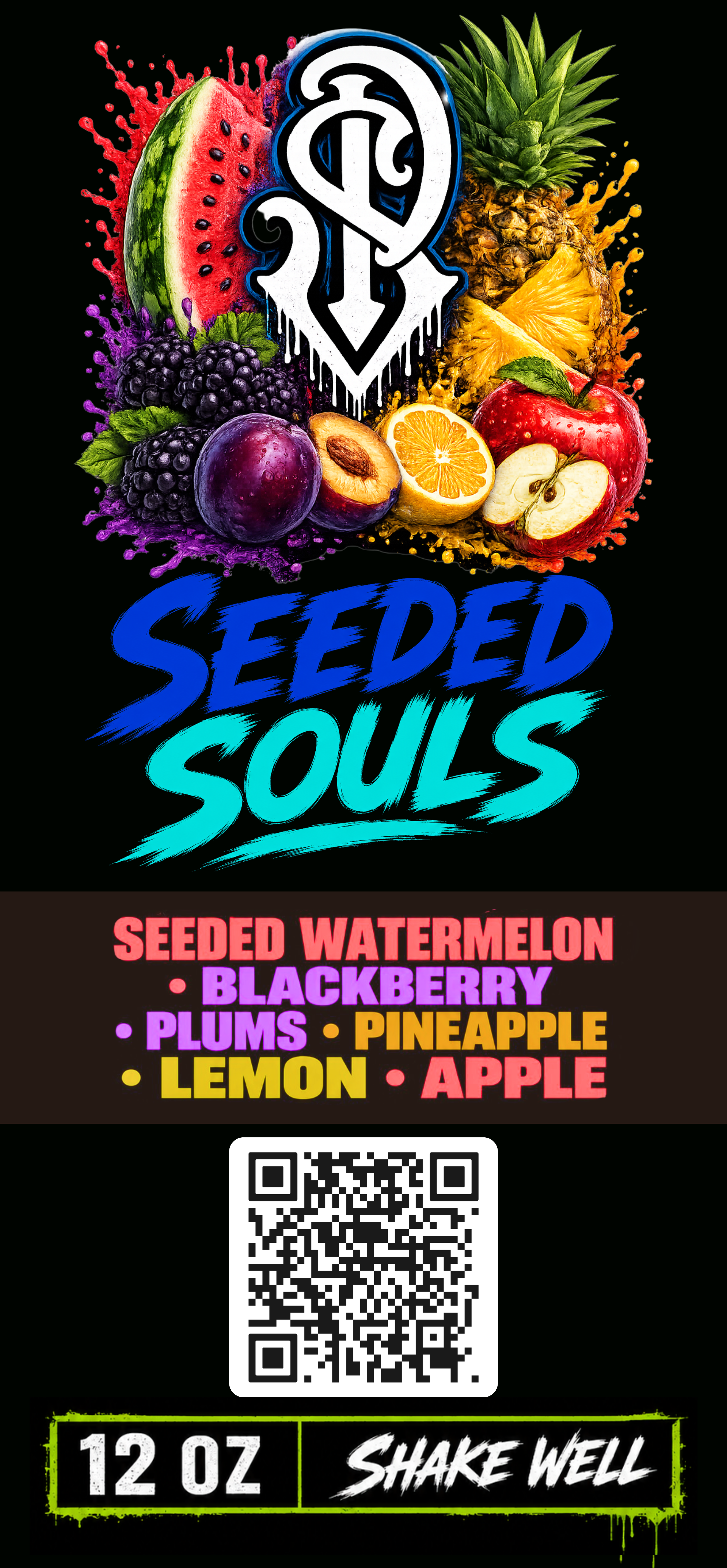 SP Juices "Seeded Souls" label artwork, with seeded watermelon, blackberry, plums, pineapple, lemon, and apple illustrations around the SP monogram, and a blue-and-teal "SEEDED SOULS" logotype with ingredient list on a dark red banner.
