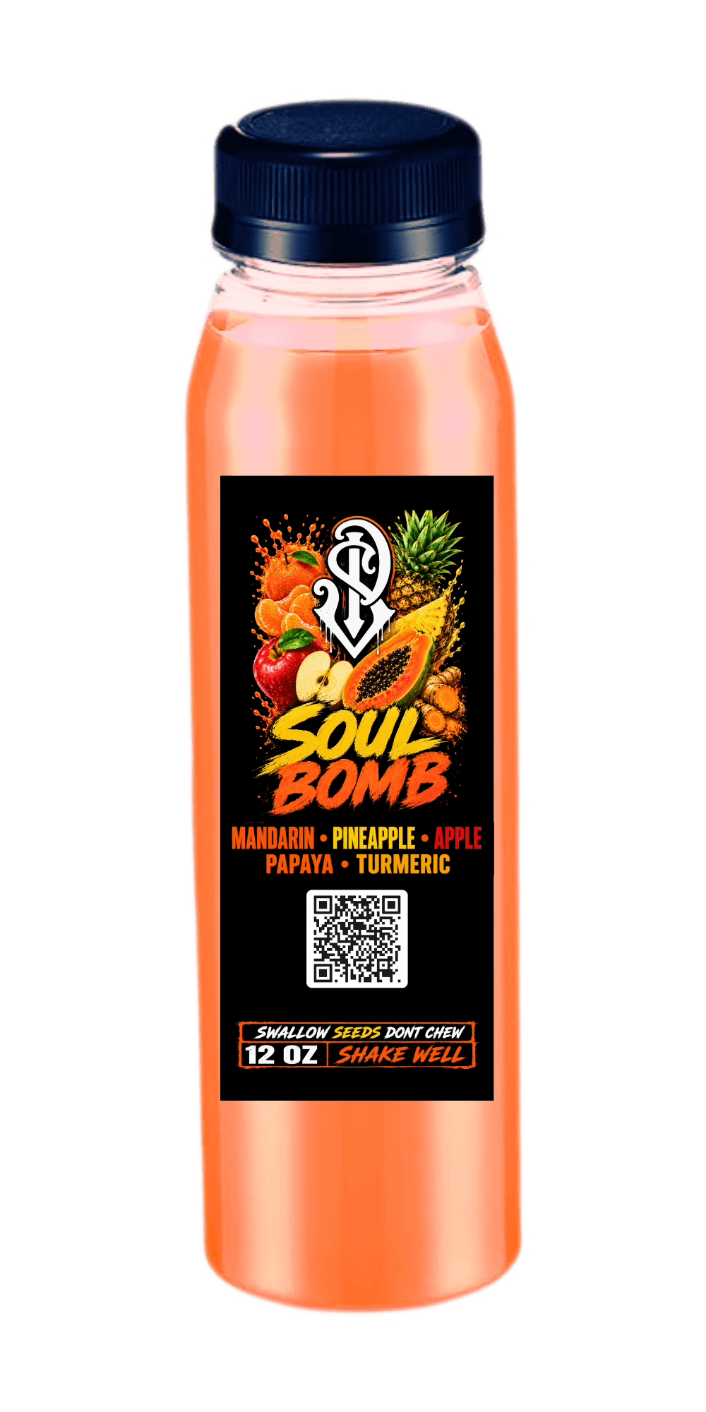 SP Juices Soul Bomb bottle mockup: a 12 oz bottle of orange juice with a black label featuring the SP monogram, mandarin, pineapple, apple, papaya, and turmeric illustrations, and the "SOUL BOMB" logotype.